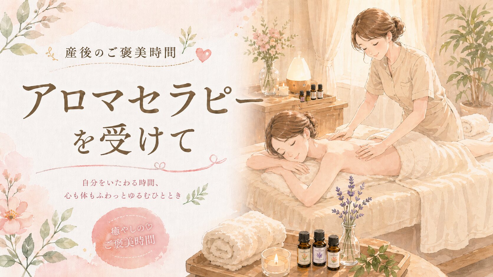 アロマセラピーの部屋で、産後の女性が全身マッサージを受けている様子を描いたアイキャッチ画像。やわらかな空間の中で、自分をいたわるご褒美時間を表現している。