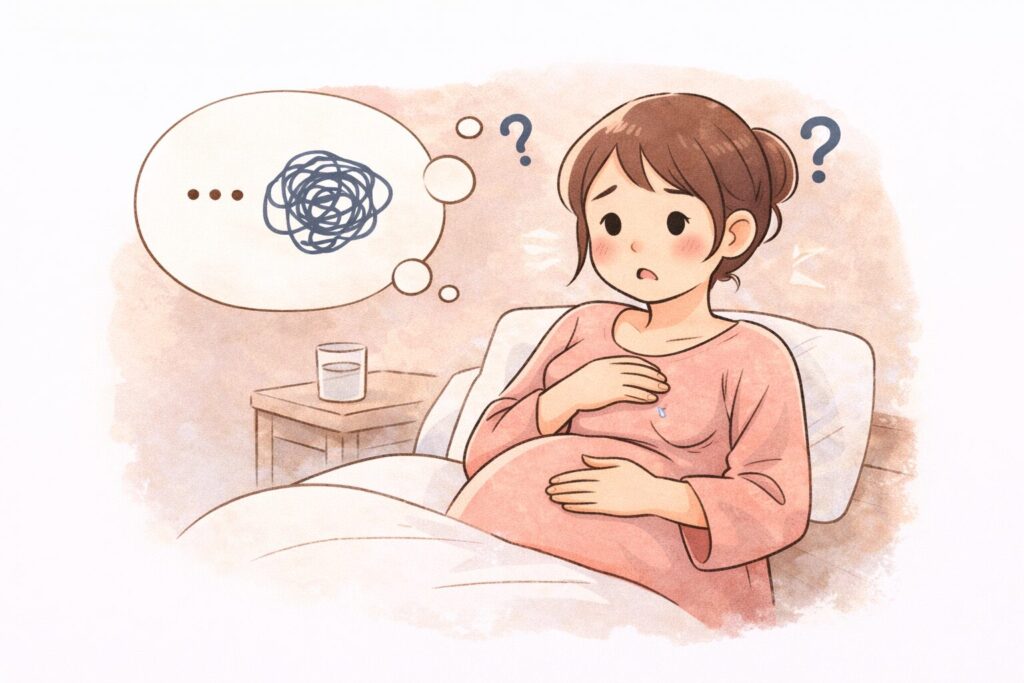 出産前に不安になっている様子の妊婦の様子を表現した画像です。