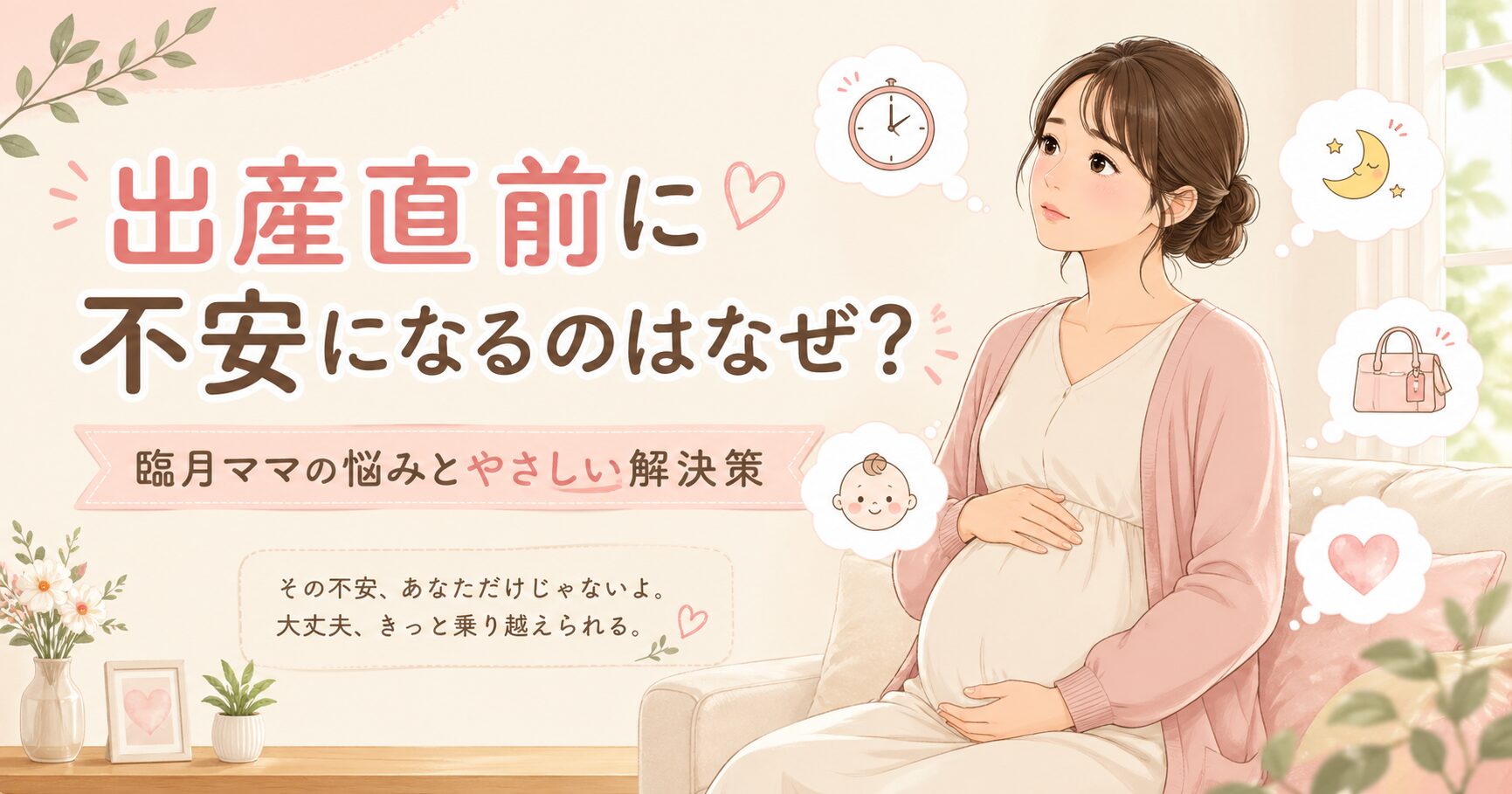 臨月の悩みについて、不安や解決策についてまとめた内容。