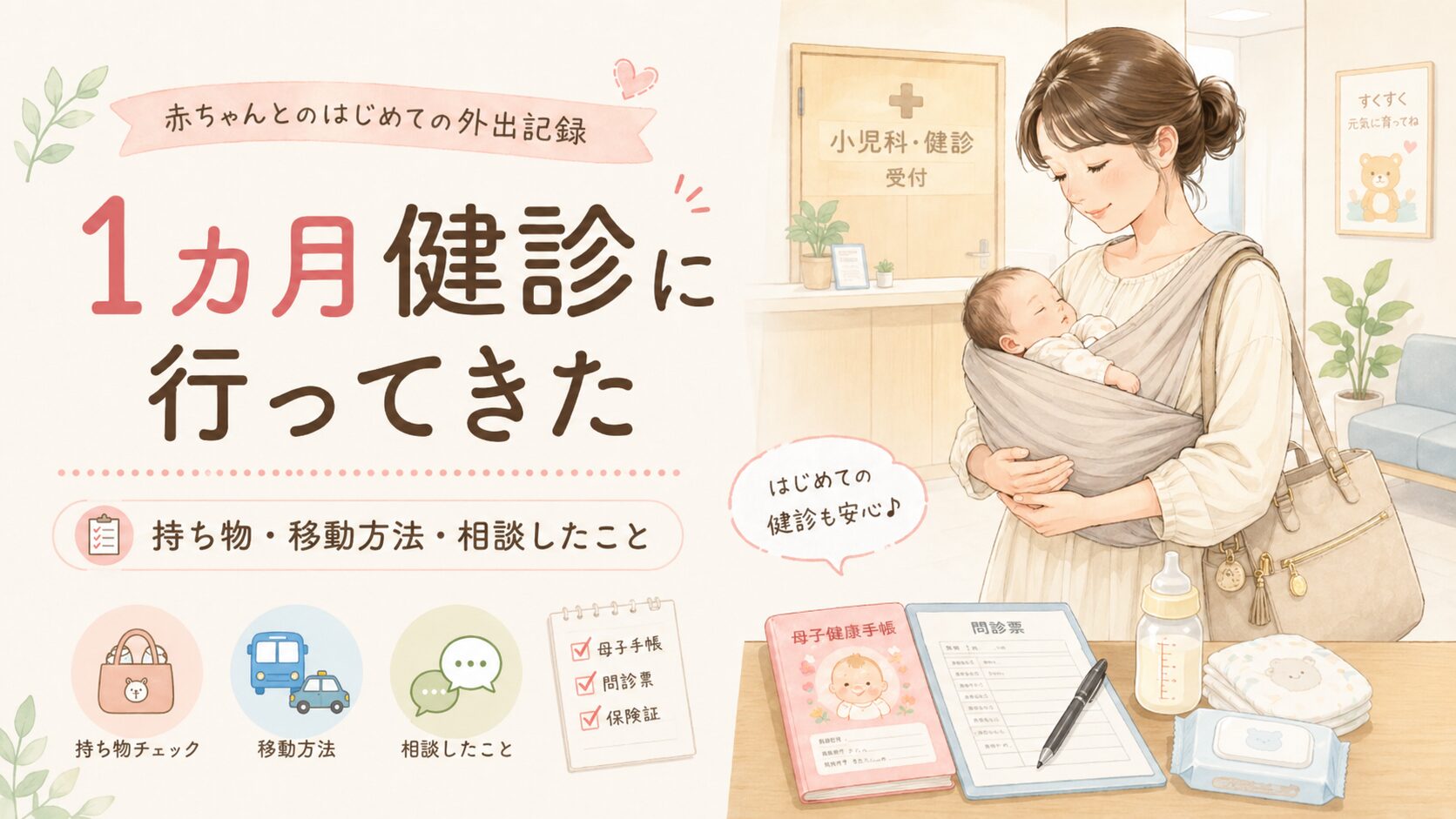 1カ月健診へ向かう母親が、横抱きのスリングで赤ちゃんを抱っこしているアイキャッチ画像。持ち物や移動方法、相談内容をまとめた記事の内容を表している。