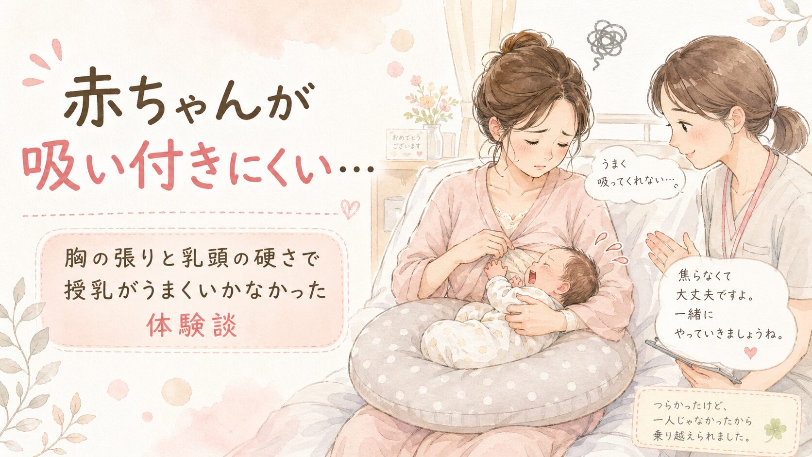 胸の張りと乳頭の硬さで赤ちゃんが吸い付きにくく、不安そうに授乳する母親と、そばでやさしく支える助産師を描いたアイキャッチ画像。
