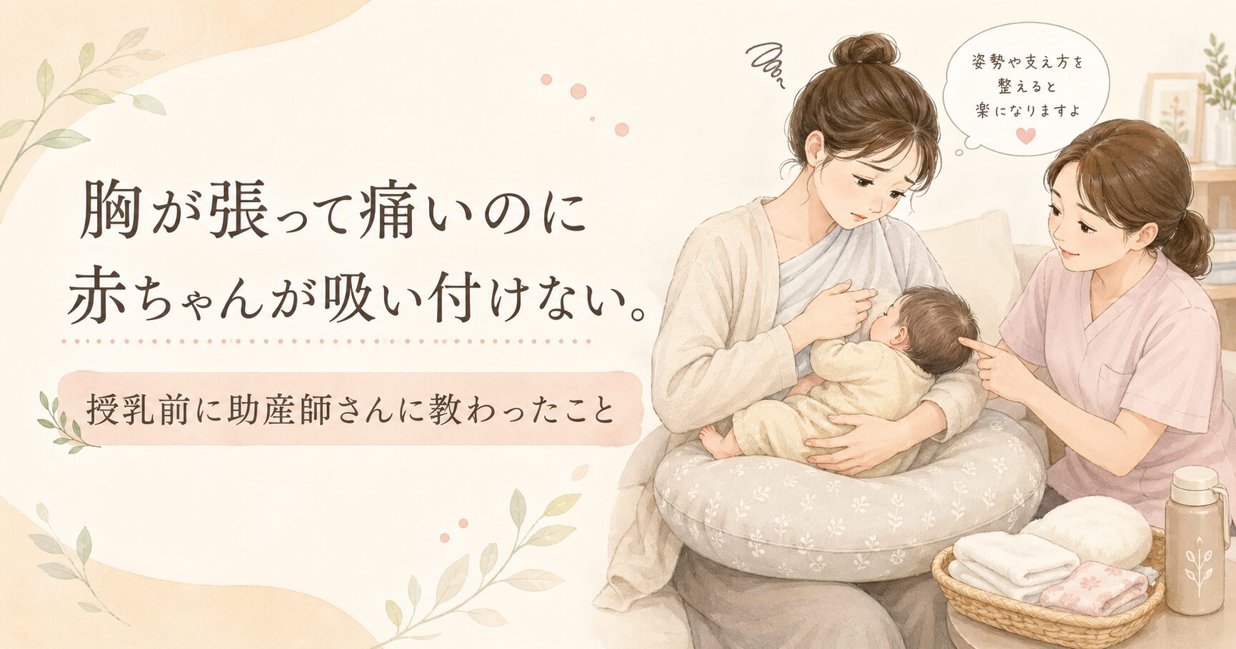 胸が張って痛いのに赤ちゃんが吸い付けず、不安そうに授乳する母親と、そばでやさしく教える助産師を描いたアイキャッチ画像。