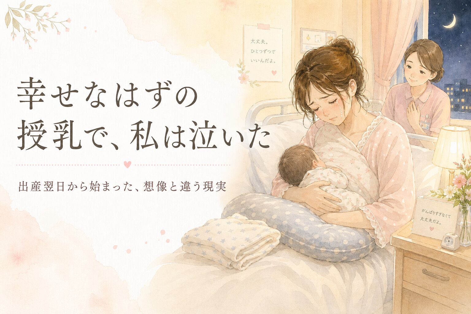 授乳がうまくいかず涙を流す産後の母親と、それをやさしく見守る助産師を描いたアイキャッチ画像。出産翌日から始まった授乳のつらさと支えを表現している。