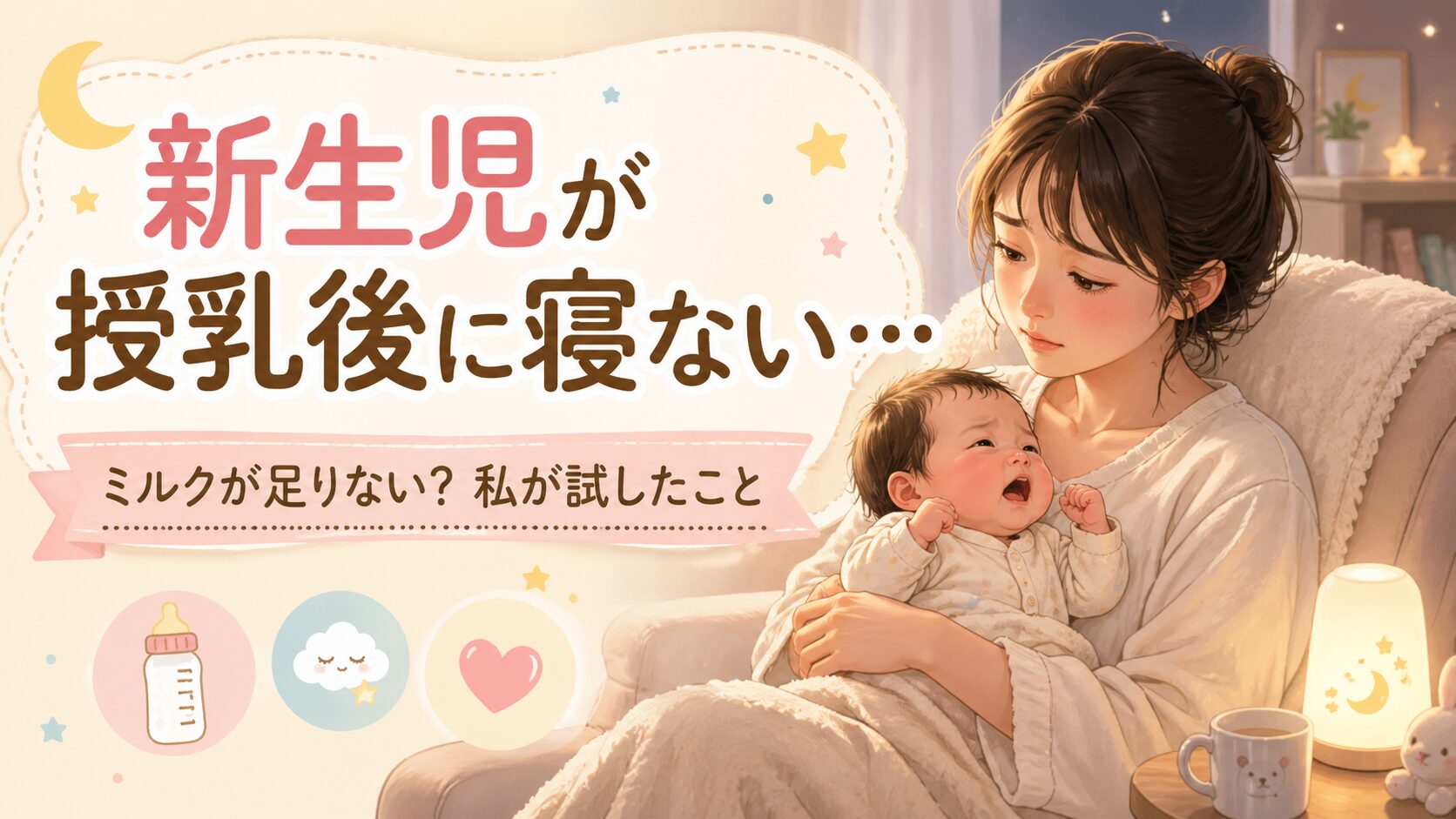 新生児が授乳後に寝ない夜、ミルク不足や寝かしつけに悩むママの体験談アイキャッチ画像