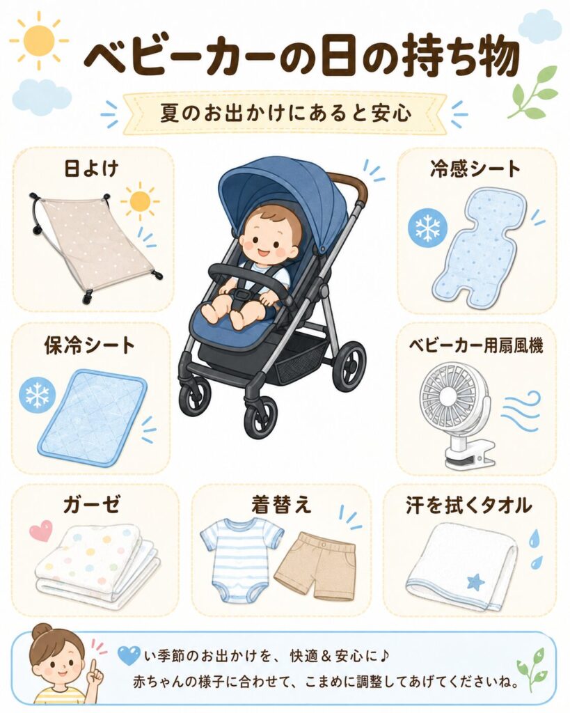 夏の赤ちゃんとのお出かけで使う、ベビーカーの日の持ち物をまとめた一覧画像。日よけ、保冷シート、冷感シート、ベビーカー用扇風機、ガーゼ、着替え、汗を拭くタオルを分かりやすく紹介している。