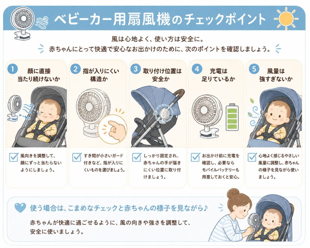 夏の赤ちゃんとの外出で使う、抱っこ紐の日の持ち物をまとめた一覧画像。ガーゼ、着替え、抱っこ紐用の保冷グッズ、日よけケープ、帽子、ママの飲み物、汗を拭くタオル、日傘を分かりやすく紹介している。