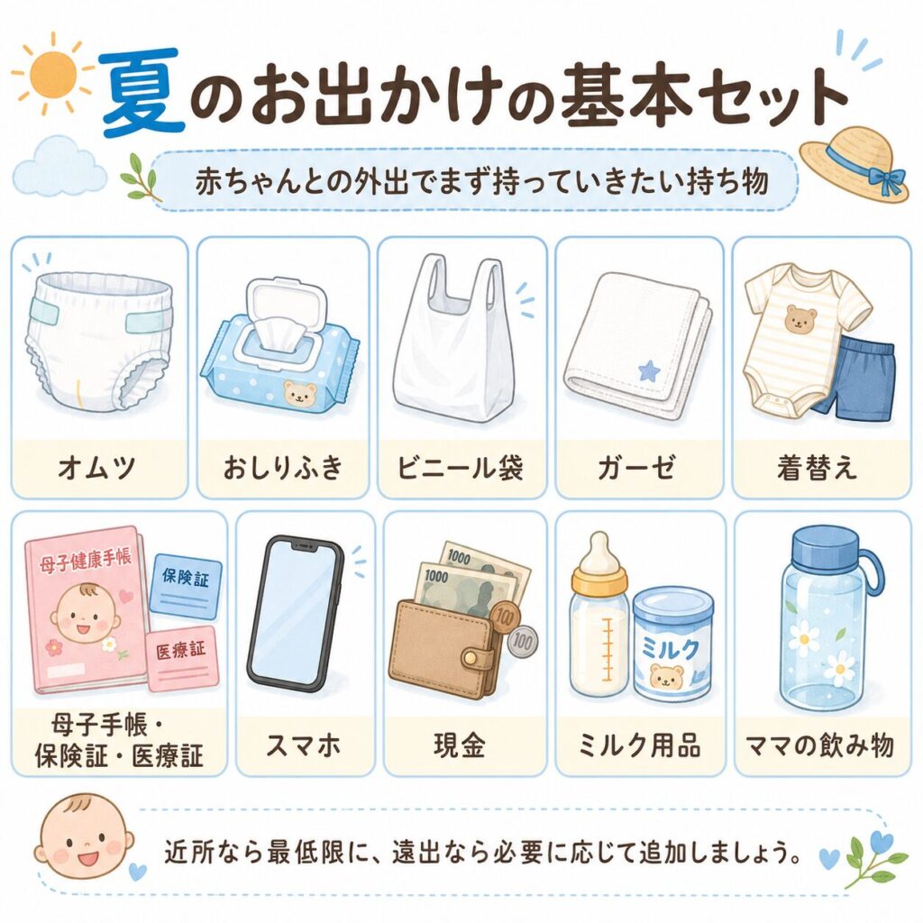 赤ちゃんとの夏のお出かけに必要な基本セットをまとめた一覧画像。オムツ、着替え、ガーゼ、母子手帳、ミルク用品などを紹介。
