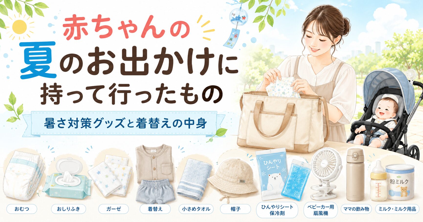 赤ちゃんの夏のお出かけに持って行くオムツ、着替え、ガーゼ、保冷グッズ、ベビーカー用扇風機、ミルク用品を準備しているアイキャッチ画像