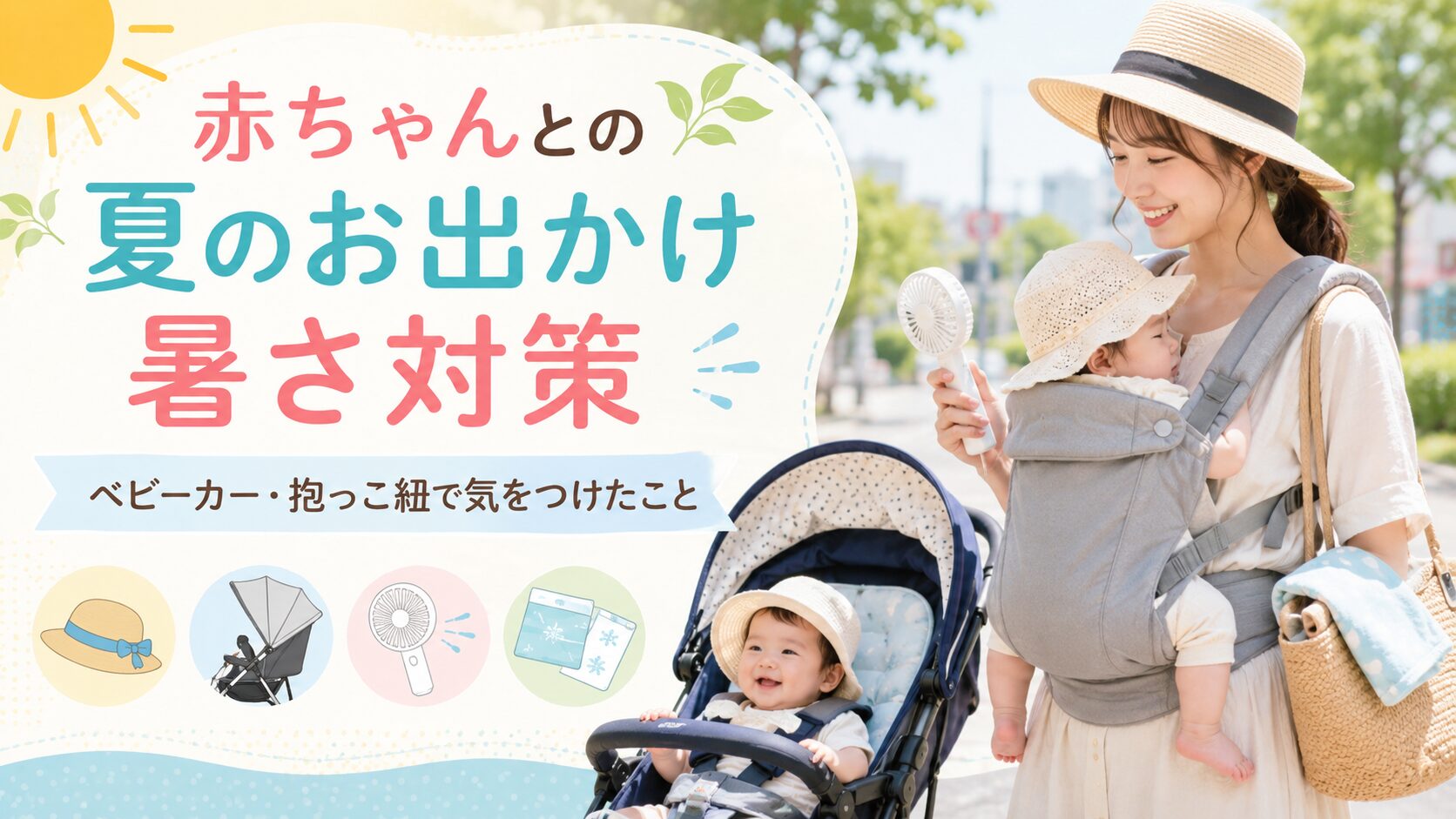赤ちゃんとの夏のお出かけで、ベビーカーや抱っこ紐、日よけや扇風機を使って暑さ対策をしているアイキャッチ画像