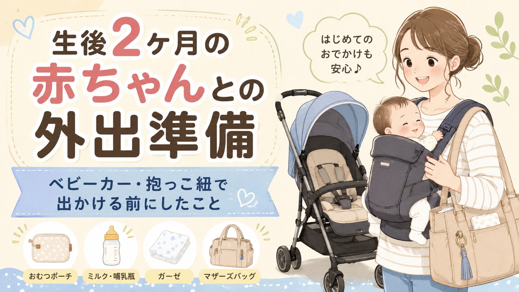 生後2ヶ月の赤ちゃんと外出するために、ベビーカーや抱っこ紐、オムツポーチ、ミルク用品を準備しているアイキャッチ画像