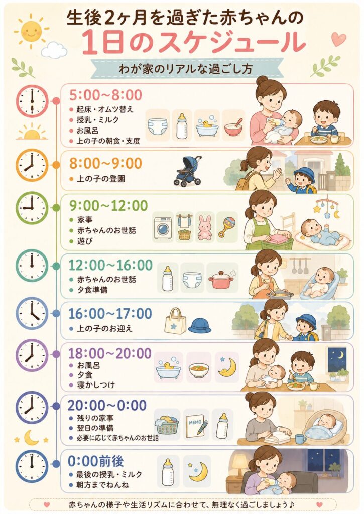生後2ヶ月を過ぎた赤ちゃんの1日のスケジュールをまとめた挿し絵。起床、授乳・ミルク、上の子の登園、家事、夕食準備、お風呂、寝かしつけ、夜間授乳までの流れを時間ごとに表している。