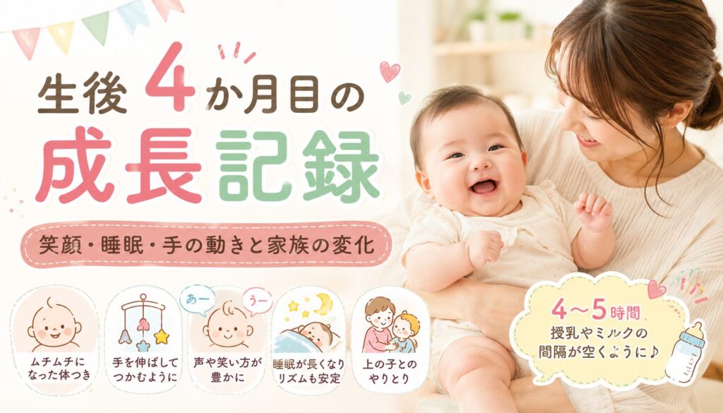 生後4か月目の赤ちゃんがママに抱かれて笑っているアイキャッチ画像。ムチムチした体つき、手を伸ばす様子、豊かになった声や笑顔、睡眠、授乳、上の子との関わりなどの成長記録を紹介している。
