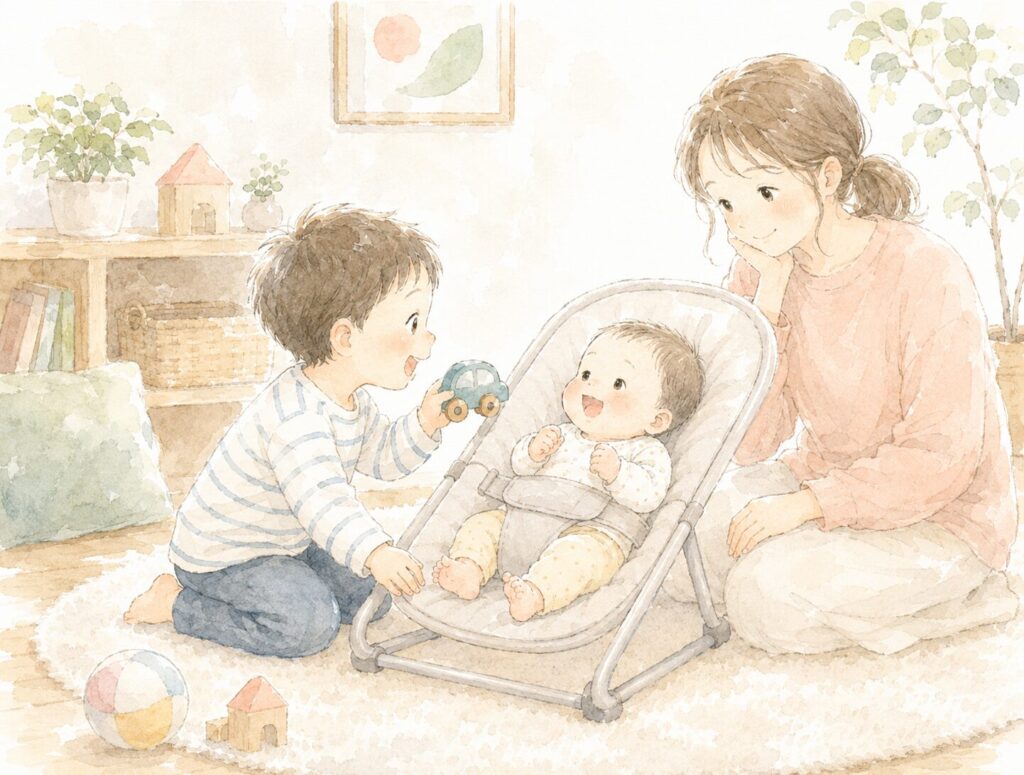 生後4か月の赤ちゃんに、4歳の上の子がおもちゃを見せて話しかけ、赤ちゃんが笑顔で反応するきょうだい育児の様子を、ママがそばで見守っている挿絵。