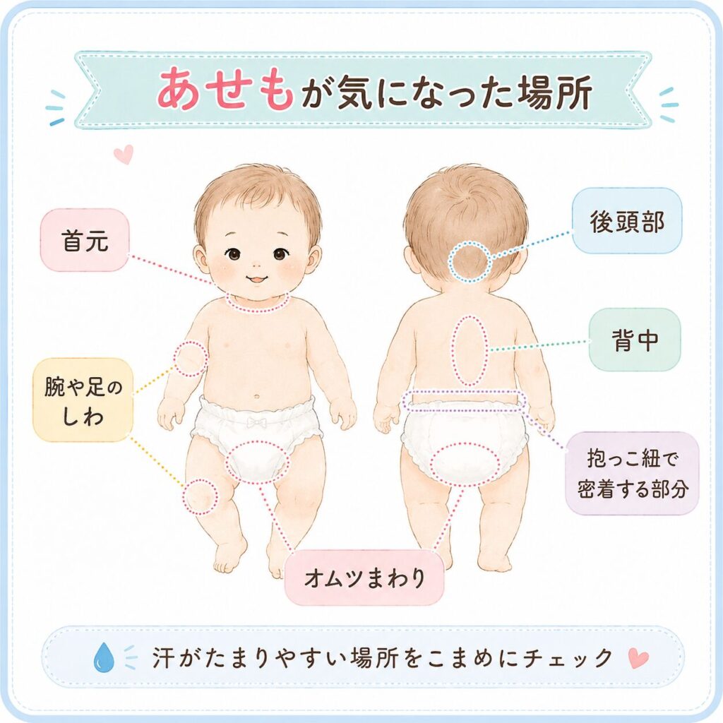赤ちゃんのあせも対策の結論として、汗をかきやすい場所や服装、寝具、受診の目安を分かりやすくまとめた挿し絵