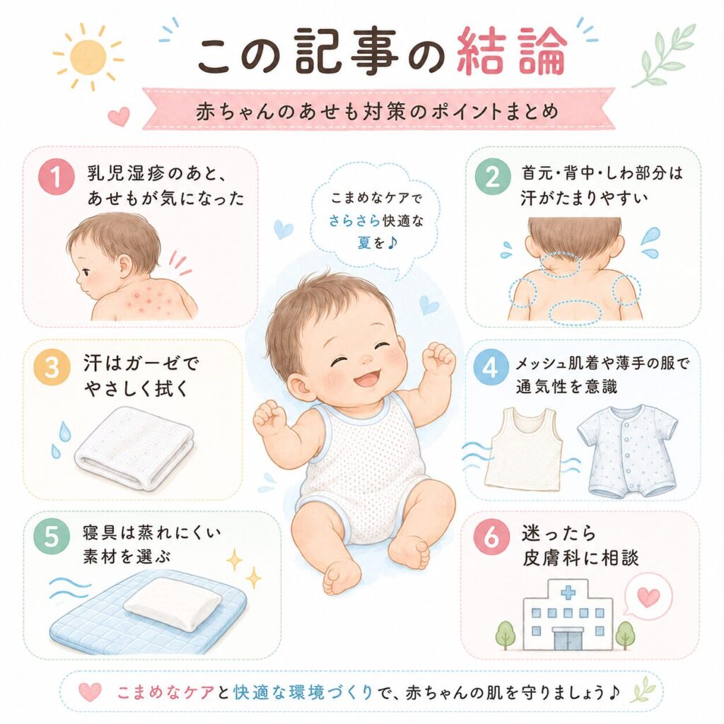 赤ちゃんのあせも対策の結論として、汗をかきやすい場所や服装、寝具、受診の目安を分かりやすくまとめた挿し絵