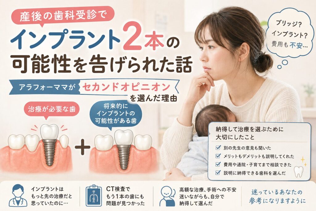 産後の歯科受診でインプラント2本の可能性を告げられ、赤ちゃんを抱えながら悩むアラフォーママと、セカンドオピニオンや治療選択を表したアイキャッチ画像