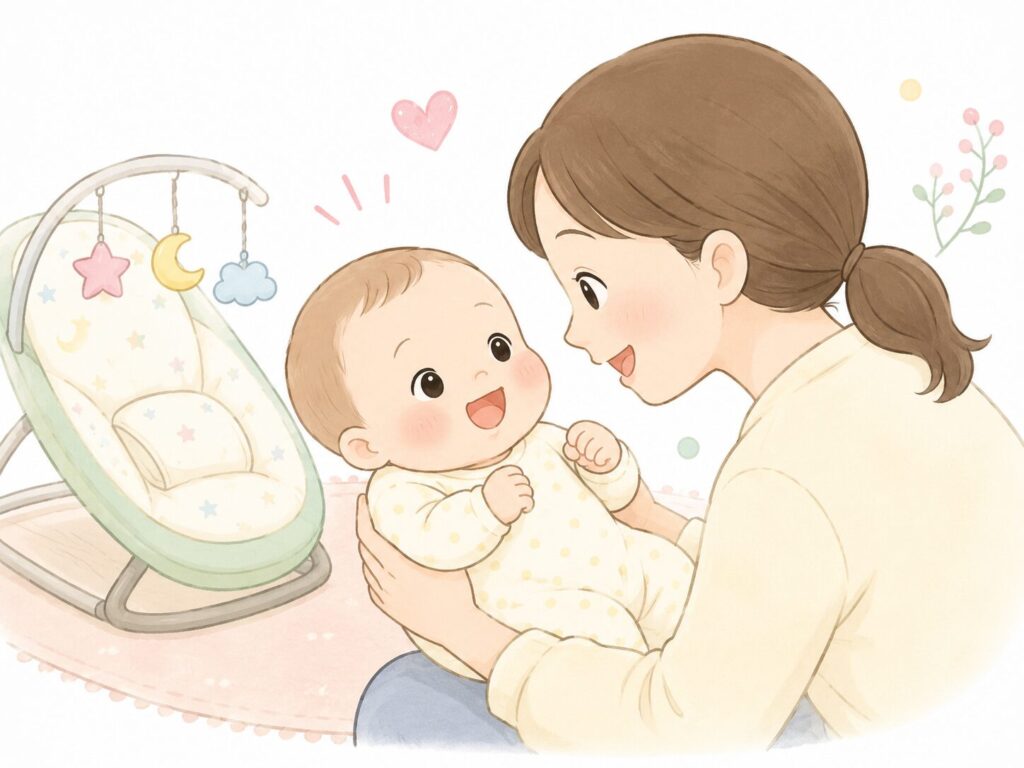 パステル調のやさしい挿絵。母親が赤ちゃんを抱っこして顔を近づけると、赤ちゃんが笑顔で見つめ返している。左側には星や月のおもちゃが付いたバウンサーがあり、赤ちゃんの笑顔に癒やされる温かな雰囲気が描かれている。