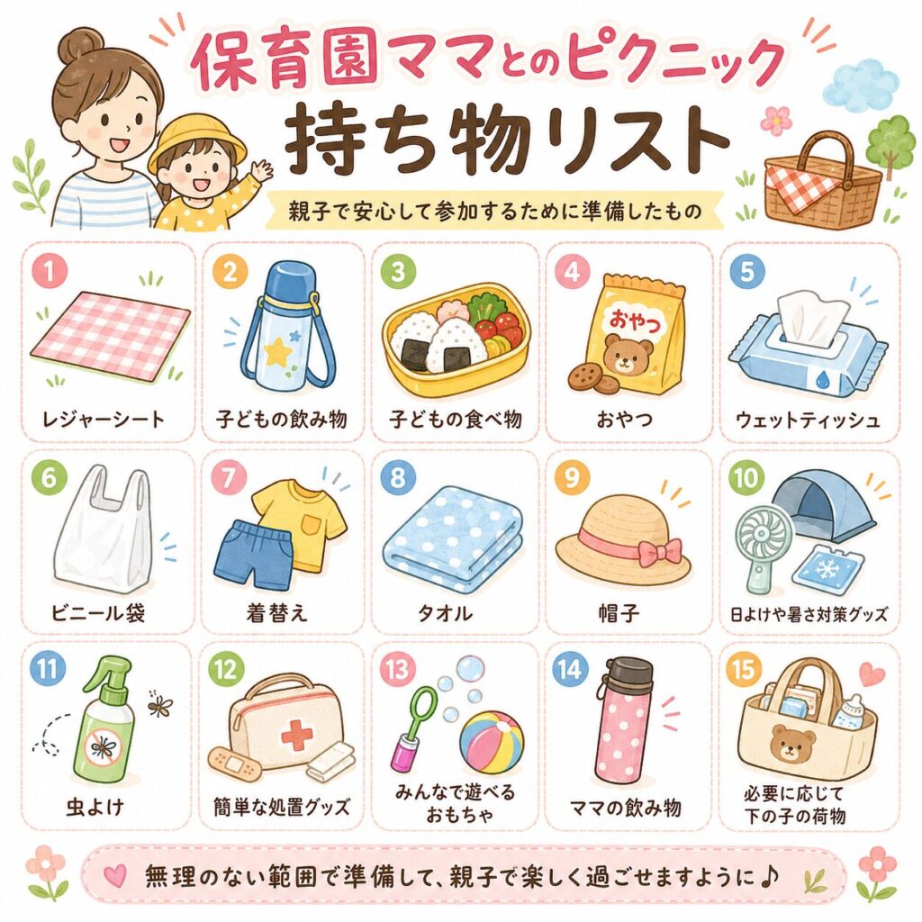 保育園ママとのピクニックに持って行く持ち物を、イラスト付きで一覧にした挿し絵。レジャーシート、飲み物、食べ物、おやつ、ウェットティッシュ、ビニール袋、着替え、帽子、おもちゃなどを分かりやすく紹介している。