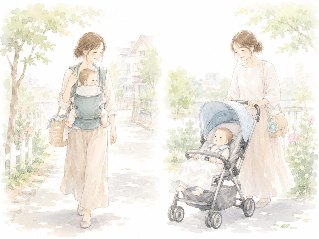 生後4か月の赤ちゃんとママが、抱っこ紐とベビーカーを使って外出している様子。暑さ対策をしながら、赤ちゃんとの外出がしやすくなったことを表している挿絵。