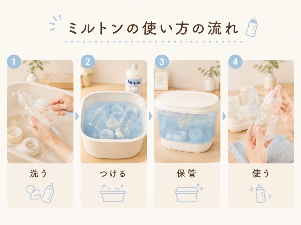 ミルトンの使い方を、洗う・つける・保管・使うの4ステップで示した挿し絵。