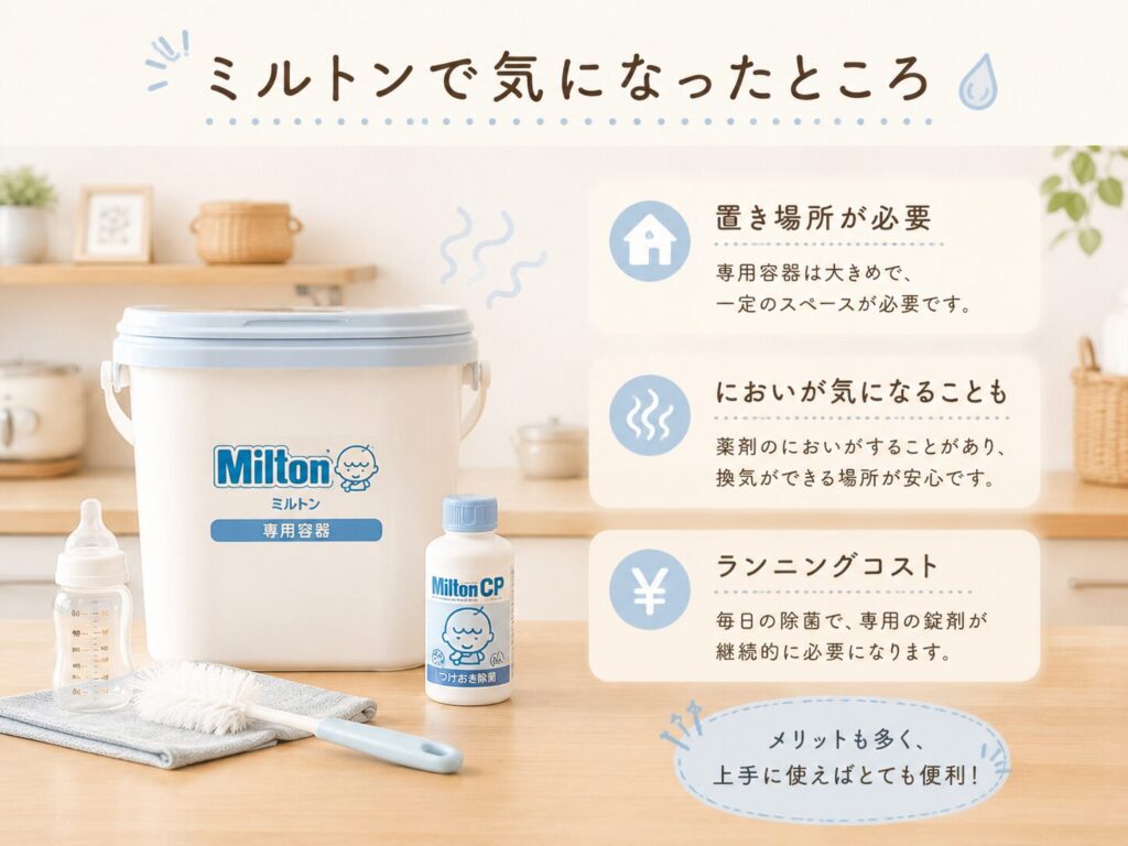ミルトンの専用容器と薬剤を置き、置き場所・におい・ランニングコストなど気になった点を紹介する挿し絵。