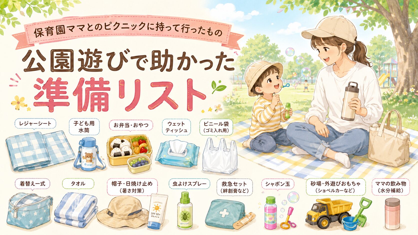 保育園ママとのピクニックに持って行ったものとして、レジャーシート、水筒、お弁当、おやつ、ウェットティッシュ、ビニール袋、着替え、帽子、虫よけ、救急セット、シャボン玉、外遊びおもちゃなどをまとめたアイキャッチ画像