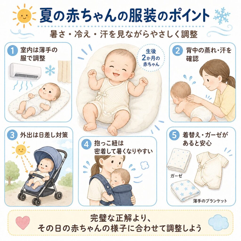 夏の赤ちゃんの服装について、室内と外出時のポイントをやさしいイラストでまとめた挿絵