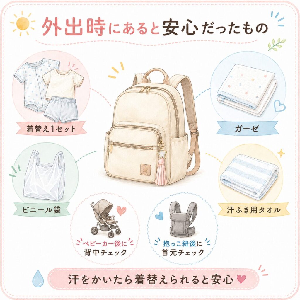 赤ちゃんの夏の外出時に持って行くと安心な着替え、ガーゼ、タオル、ビニール袋などを一覧で示した挿し絵