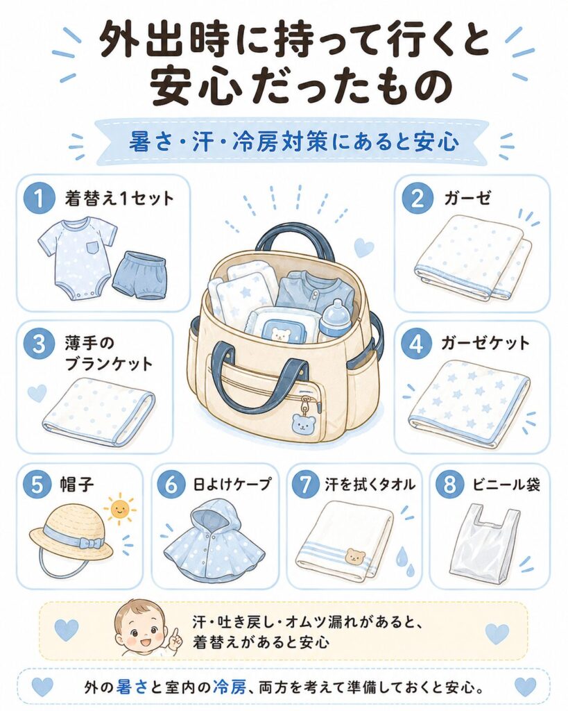 赤ちゃんの夏の外出時に持って行くと安心な着替え、ガーゼ、薄手のブランケット、帽子、日よけケープなどをまとめた挿絵