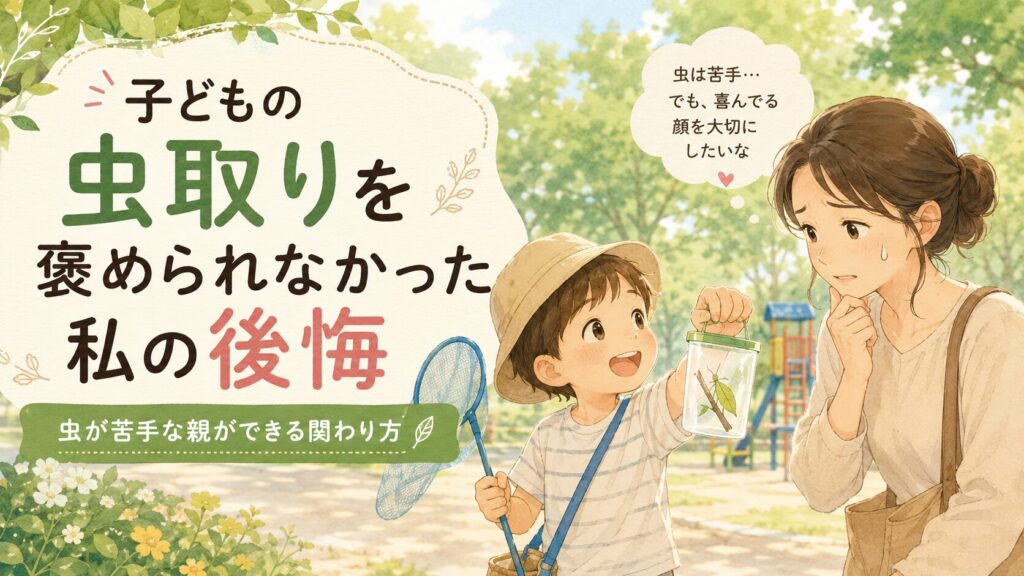 虫が苦手な母親が、公園で虫を捕まえた子どもを見守るアイキャッチ画像。虫かごを持ってうれしそうな子どもと、戸惑いながらも子どもの好奇心を大切にしたい母親の様子が描かれている。