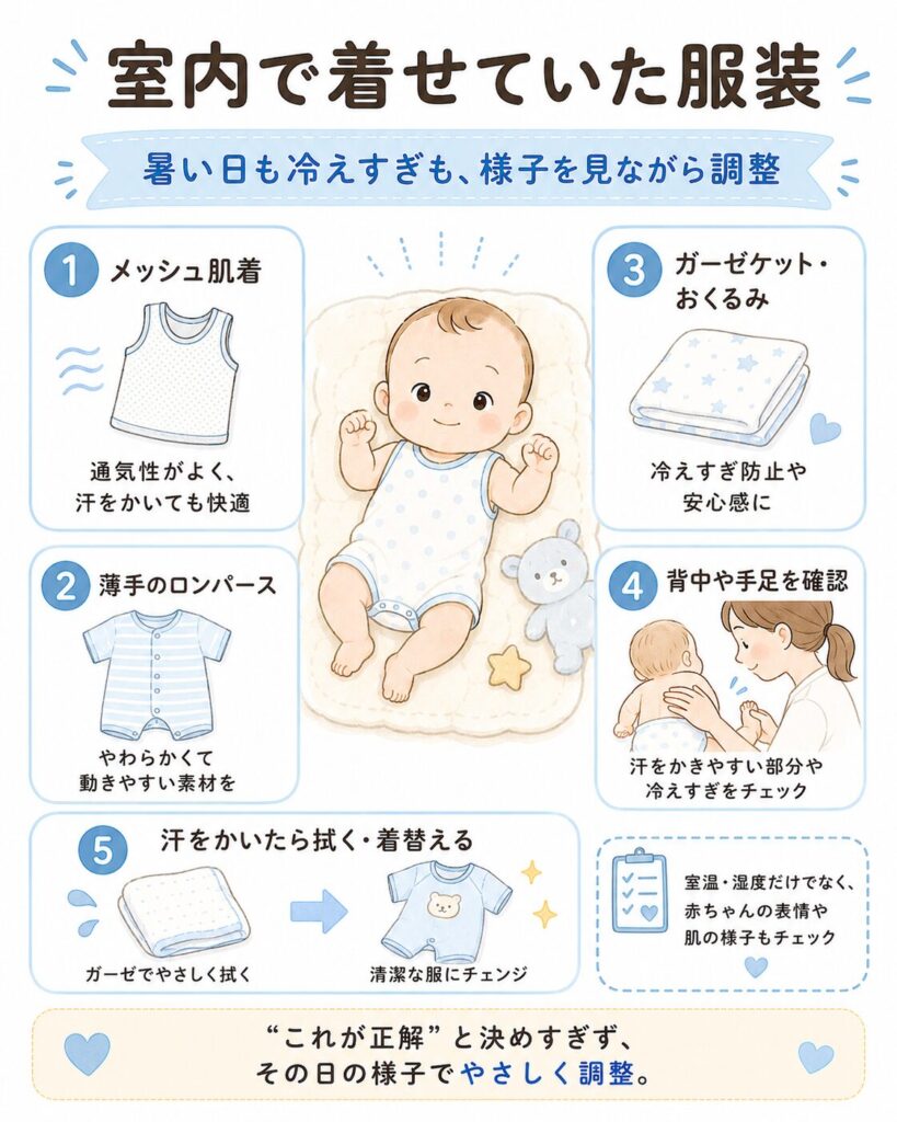 夏の室内で赤ちゃんに着せていたメッシュ肌着、薄手ロンパース、ガーゼケット、おくるみなどをまとめた挿絵