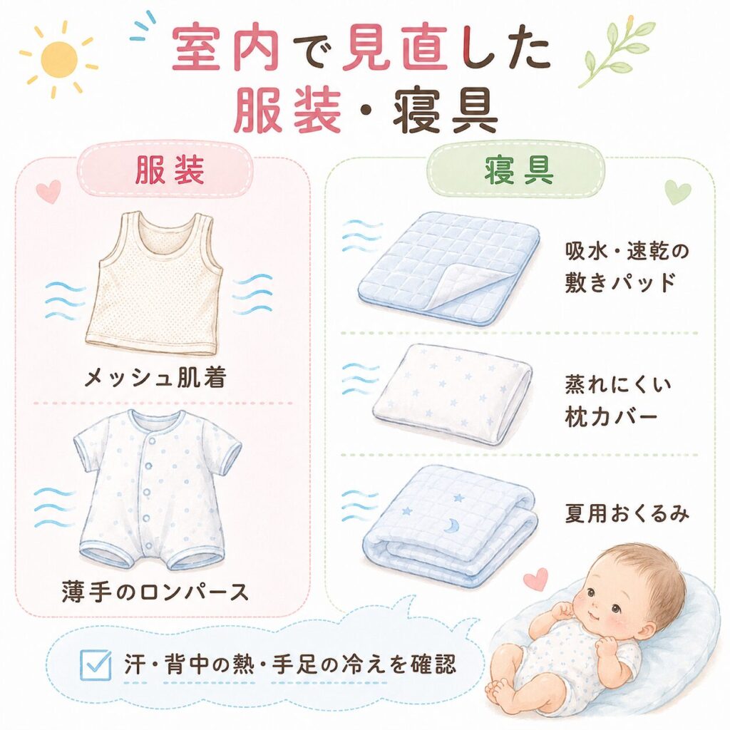 赤ちゃんの室内での夏の服装と、蒸れにくい寝具のポイントを分かりやすくまとめた挿し絵