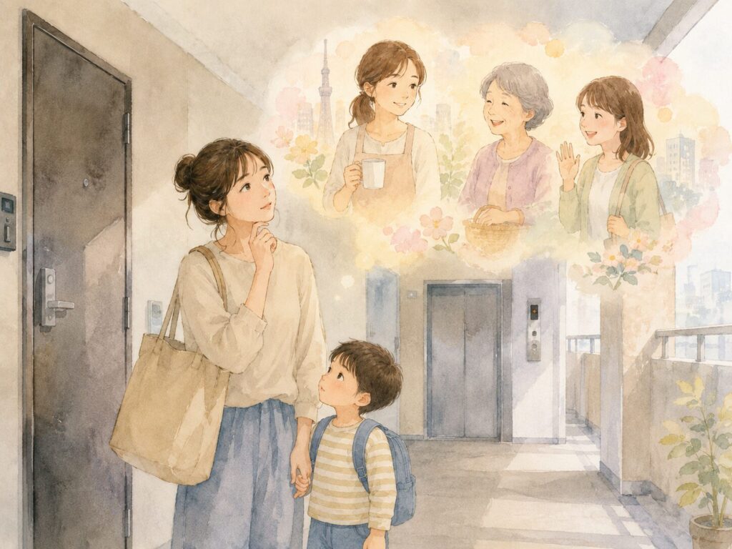 東京のマンションで息子と手をつなぐ母親が、「お母さん」「おばあちゃん」「お姉さん」のような地域とのつながりを思い描くイラスト