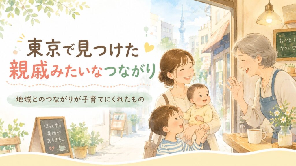 東京の地域カフェで、赤ちゃんを抱く母親と4歳の息子を笑顔で迎える女性店主のイラスト