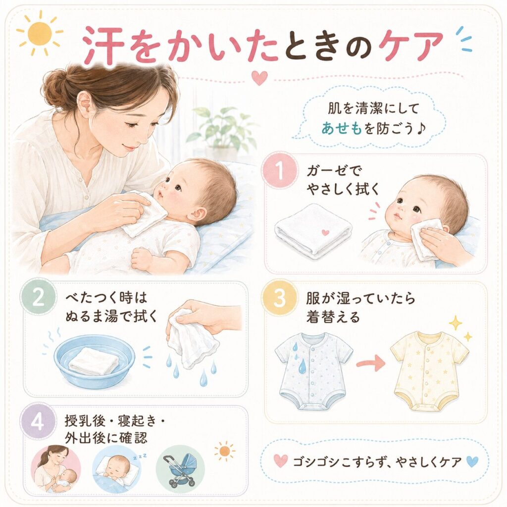 赤ちゃんが汗をかいたときに、ガーゼでやさしく拭く、着替える、肌の様子を確認する流れを示した挿し絵