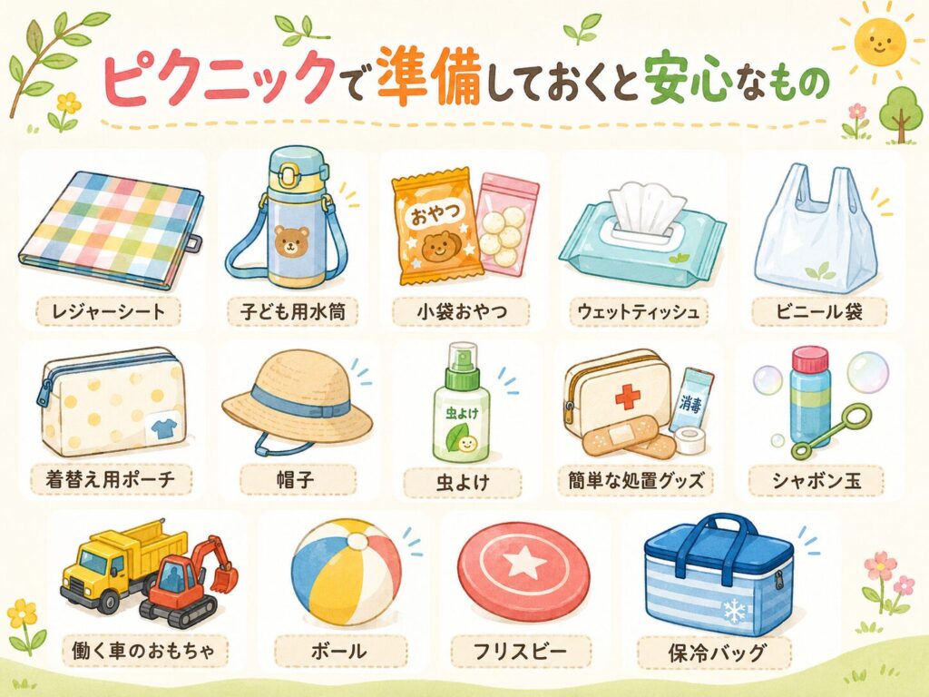 保育園ママとのピクニックで準備しておくと安心な持ち物として、レジャーシート、子ども用水筒、小袋おやつ、ウェットティッシュ、ビニール袋、着替え用ポーチ、帽子、虫よけ、簡単な処置グッズ、シャボン玉、働く車のおもちゃ、ボール、フリスビー、保冷バッグを分かりやすくまとめたイラスト