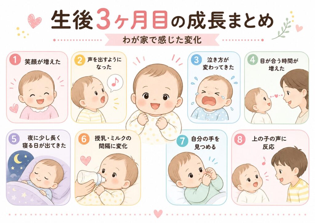 生後2ヶ月を過ぎて3ヶ月目に入った赤ちゃんの成長まとめ。笑顔・声・泣き方・目が合う時間・睡眠・授乳ミルク・自分の手への興味・上の子への反応をまとめた挿し絵