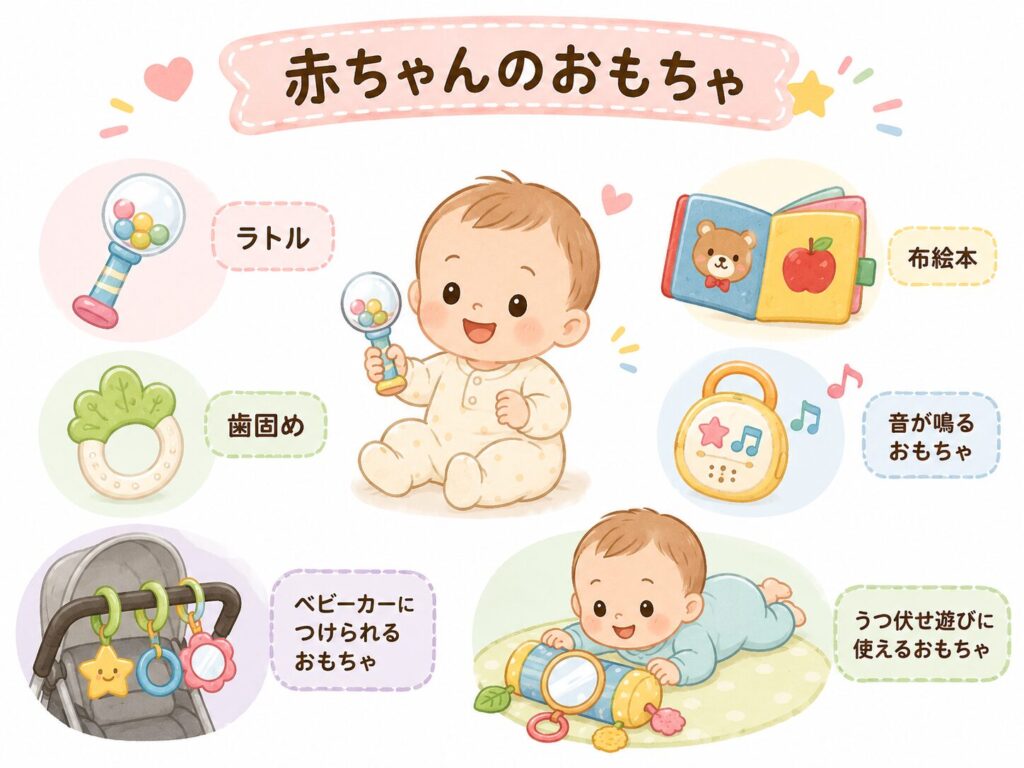 赤ちゃんへのプレゼントにおすすめのおもちゃをまとめた挿し絵。ラトル、歯固め、布絵本、音が鳴るおもちゃ、ベビーカーにつけられるおもちゃ、うつ伏せ遊びに使えるおもちゃが描かれている。