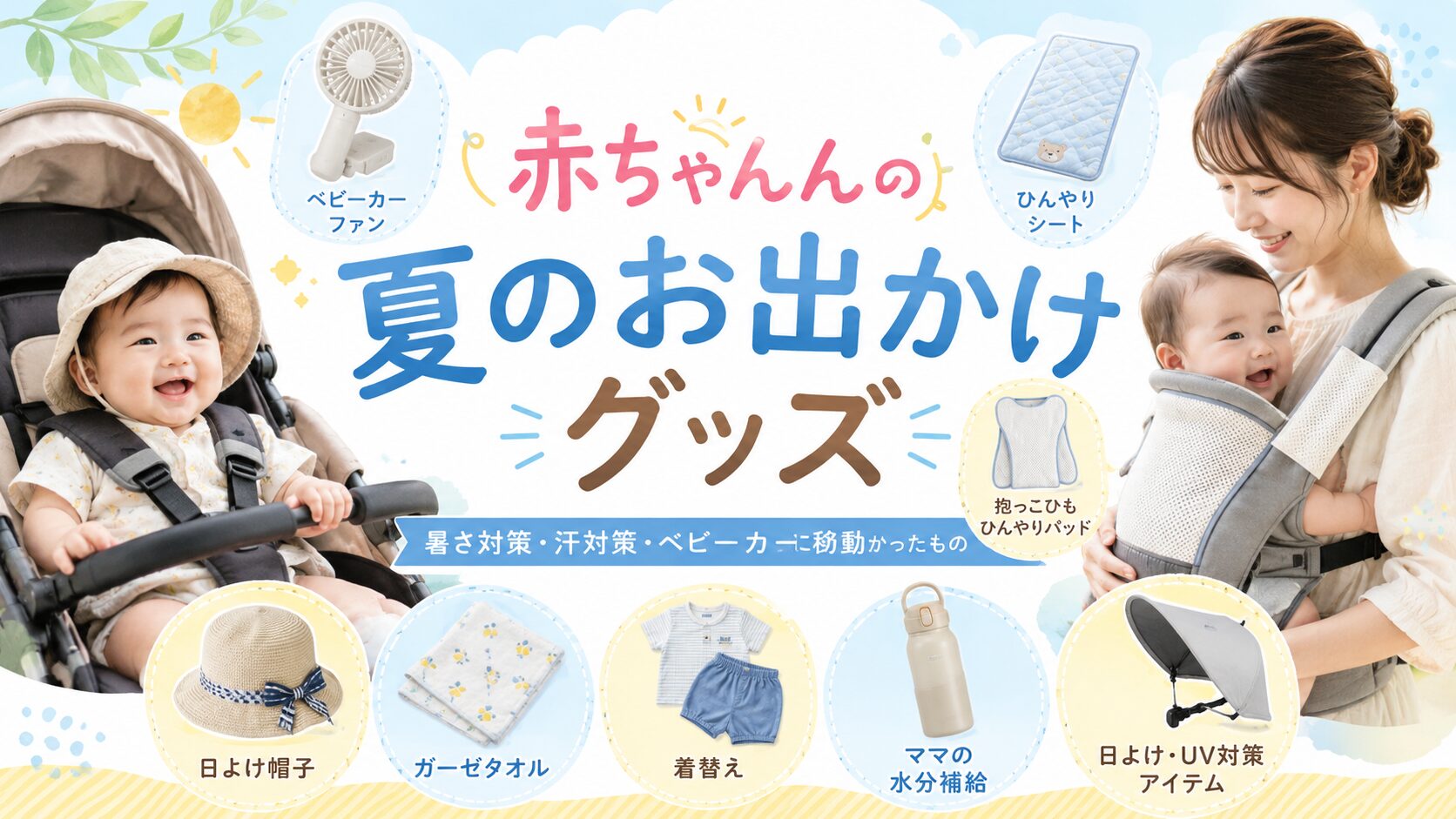 赤ちゃんの夏のお出かけグッズをまとめたアイキャッチ画像。ベビーカー用扇風機、保冷シート、帽子、ガーゼタオル、着替え、ママの水分補給、日よけ対策アイテムを紹介
