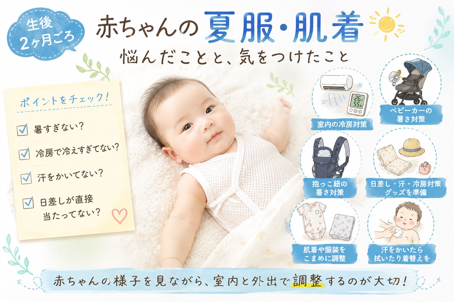 生後2ヶ月ごろの赤ちゃんの夏服・肌着選びについて、室内の冷房対策、ベビーカーや抱っこ紐での暑さ対策、汗や日差しへの注意点をまとめたアイキャッチ画像