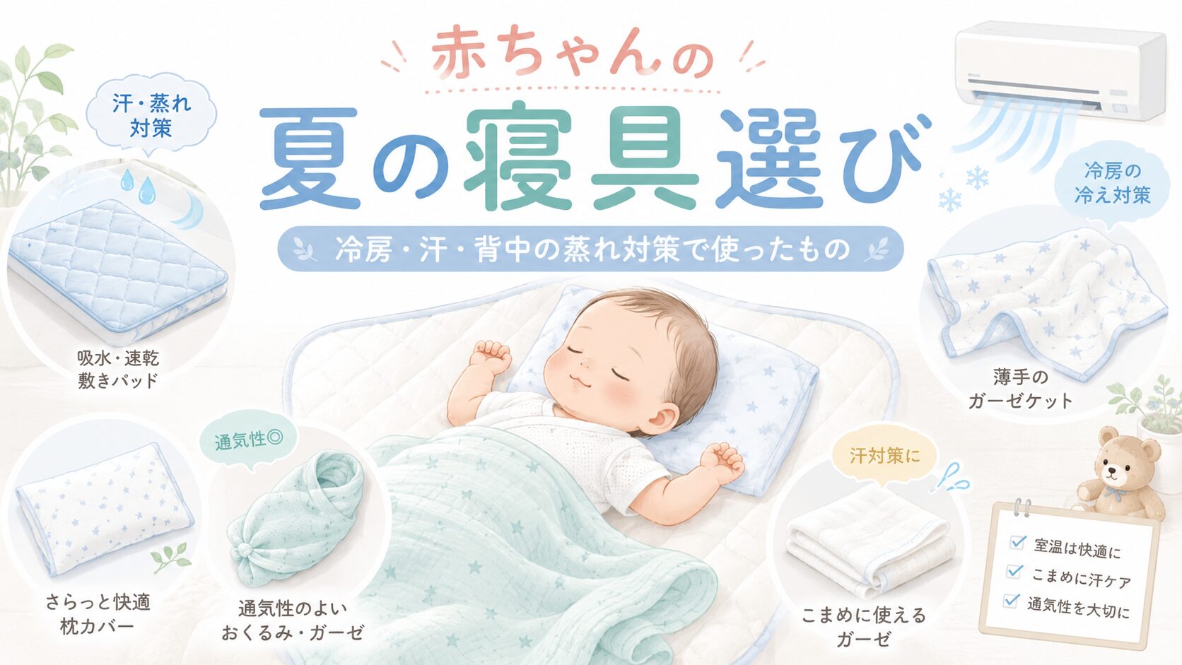 赤ちゃんの夏の寝具選びについて、冷房・汗・背中の蒸れ対策で使った敷きパッドやおくるみをまとめたアイキャッチ画像