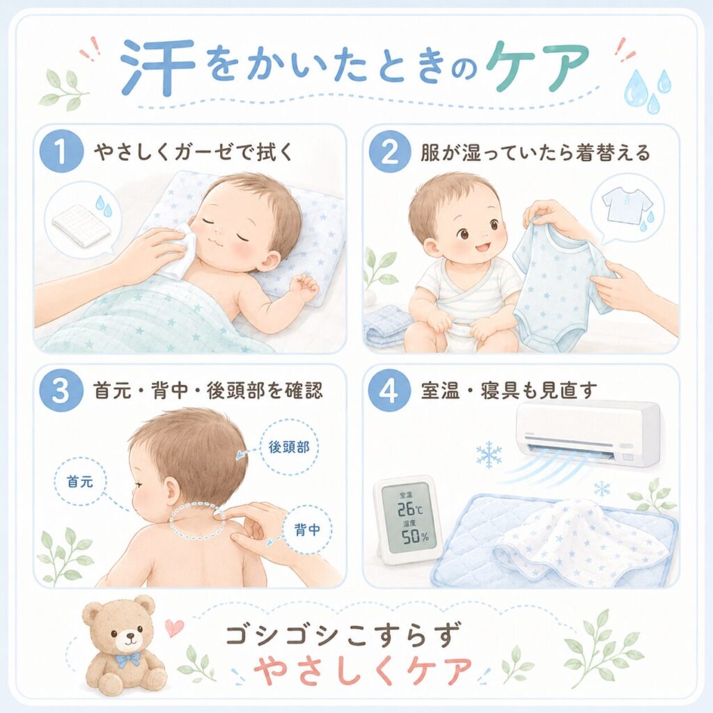 赤ちゃんが汗をかいたときに、ガーゼでやさしく拭く、着替える、首元や背中を確認する、室温や寝具を見直す流れをまとめた挿し絵