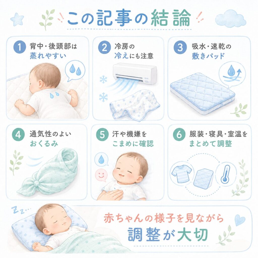 赤ちゃんの夏の寝具選びについて、背中の蒸れ、冷房の冷え、敷きパッド、おくるみ、こまめな確認のポイントをまとめた挿し絵