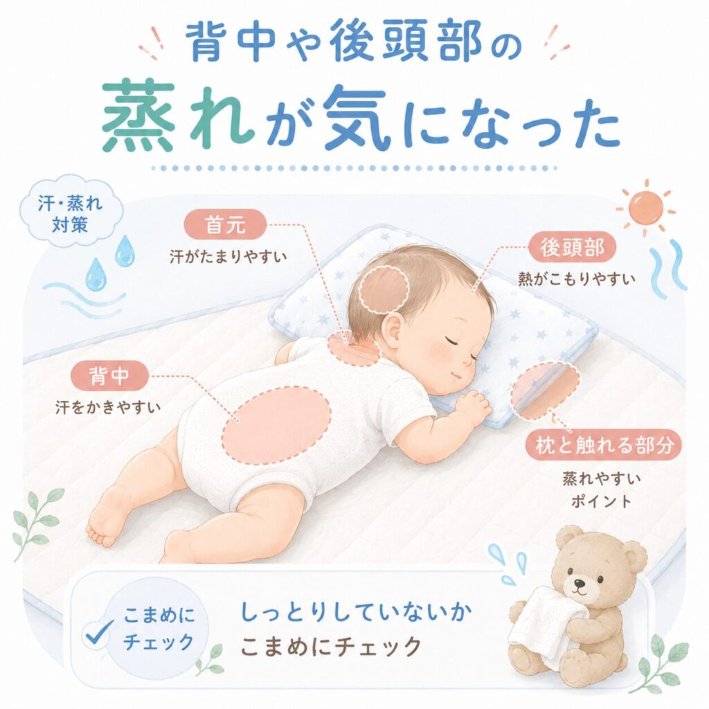 赤ちゃんの背中や後頭部、首元、枕と触れる部分など、夏に蒸れやすい場所を分かりやすく示した挿し絵