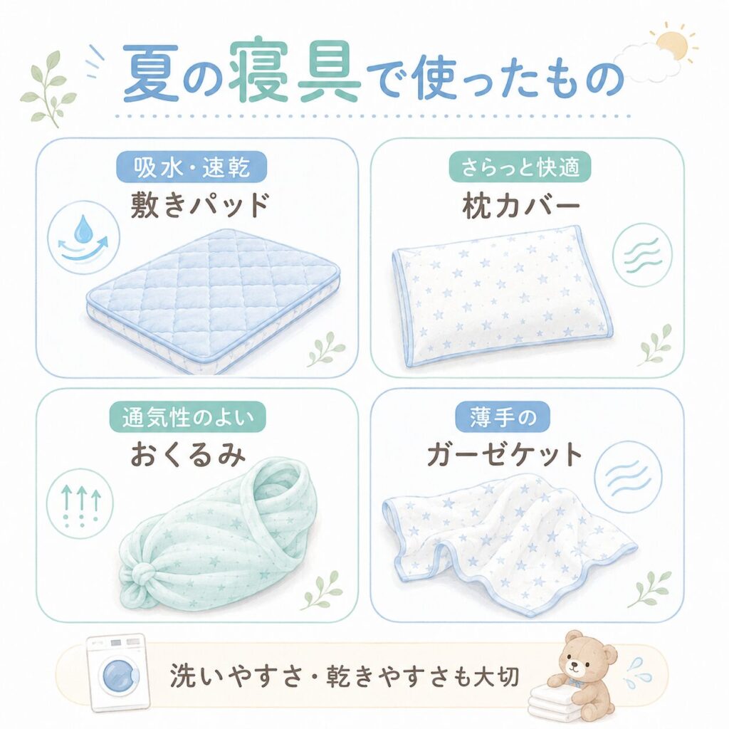 赤ちゃんの夏の寝具で使った吸水・速乾敷きパッド、枕カバー、通気性のよいおくるみ、薄手のガーゼケットをまとめた挿し絵