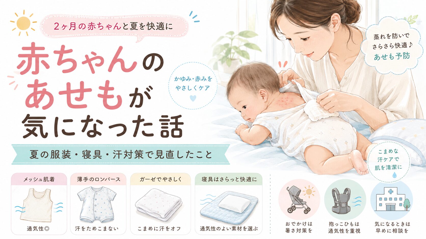 夏の赤ちゃんのあせも対策について、服装・寝具・汗ケアのポイントをやさしくまとめたアイキャッチ画像