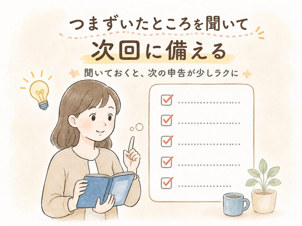 つまずいたところを聞いて次回に備えるというテーマで、ノートを持つ女性とチェックリストが描かれたやさしい手描き風の挿絵。「聞いておくと、次の申告が少しラクに」というメッセージ入り。