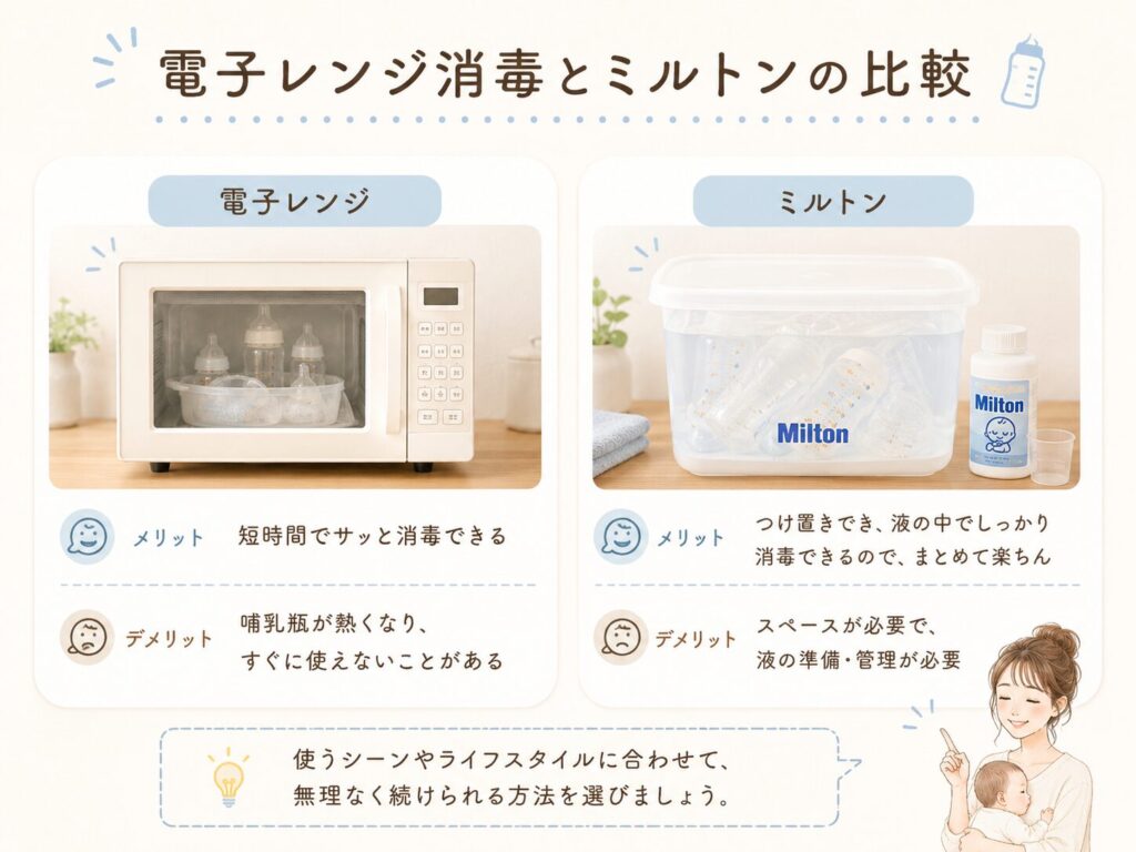 電子レンジ消毒とミルトンを並べて、メリットとデメリットを比較した挿し絵。