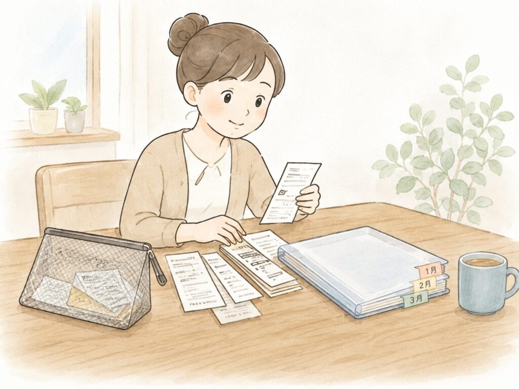 次回の申告に備えて、確認ポイントを整理する女性とチェックリストを描いたやさしい雰囲気の挿絵