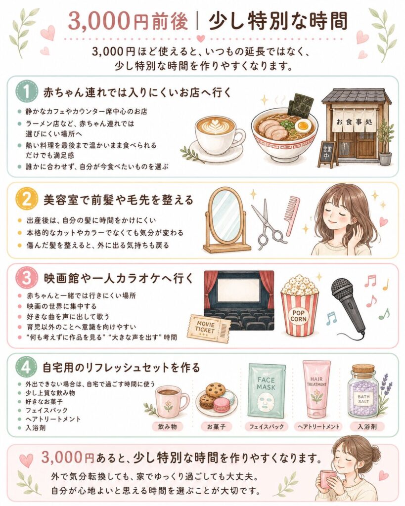 育児中のママ向けに、3,000円前後でできる気分転換を紹介した図解。赤ちゃん連れでは入りにくいカフェやラーメン店、美容室、映画館や一人カラオケ、自宅で楽しむリフレッシュセットの内容をわかりやすくまとめている。